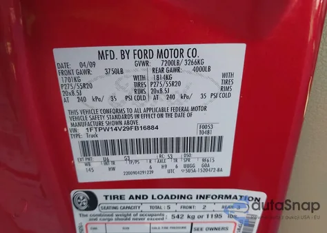 2009 Ford F-150 Lariat z USA, uszkodzony, nr VIN 1FTPW14V29FB16884